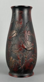 Japanese Cast Iron Dragonfly and Floral Motif Painted Vase
