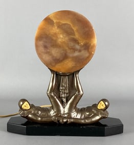 Art Nouveau Figural Jester Marble and Cast Iron Table Lamp