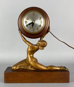 Art Nouveau Sessions Self Starting Figural Nude Woman Wood Mantel Clock