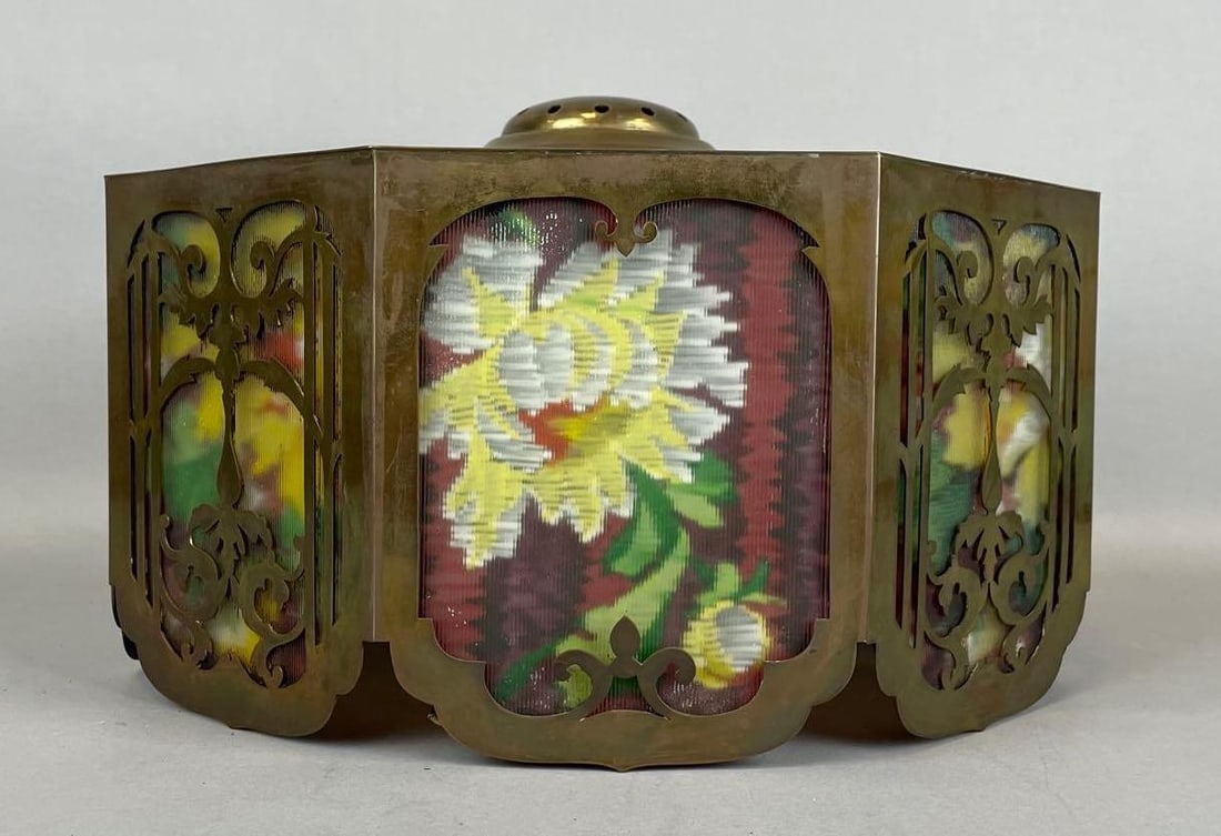 Antique Pairpoint Reverse Painted Floral and Brass Octagonal Lamp Shade (1 of 6)