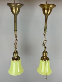 Pair of Antique Brass Oendant Lamps with Vaseline Glass Shades