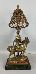 Antique Paul Herzel Bronze Native American Chief on Horse Table Lamp