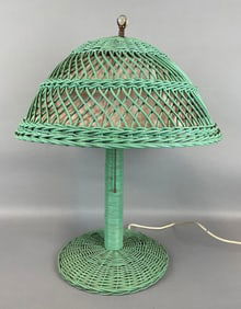 Vintage Green Wicker Mushroom Table Lamp