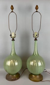 Pair of Vintage Lime Green Opalescent Art Glass Table Lamps