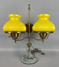 Antique Brass Double Student Lamp with Yellow Glass Shades