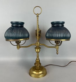Antique Brass Double Student Lamp with Teal Shades
