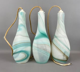 Group of 3 MCM Frosted Swirl Glass Pendant Lamps