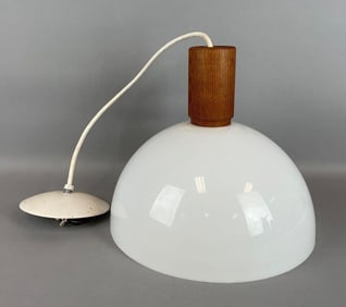 Lightolier MCM Oak and Plastic Hanging Pendant Lamp