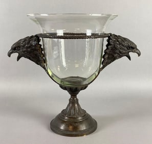 French Cast Spelter Bronzed Eagle Head Handled Glass Centerpiece Bowl