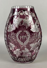 Bohemian Amethyst Cut to Clear Monogramed MM Crystal Vase