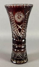 Cranberry Cut to Clear Crystal Vase with Ornate Motif