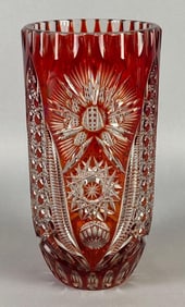 Bohemian Red Cut to Clear Glass Vase