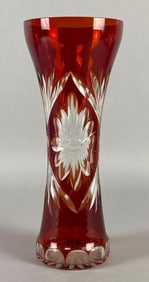 Bohemian Red Cut to Clear Crystal Floral Patterned Vase