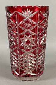 Bohemian Cranberry Cut to Clear Crystal Srarburst Pattern Vase