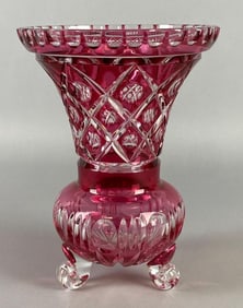 Cranberry Coin Dot Lattice Cut to a clear Glass Footed Vase