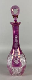 Pink Cut to Clear Crystal Floral Decanter with Thumbprint Stopper
