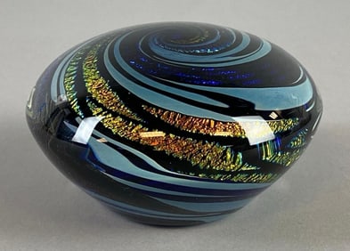 Artist Signed Iridescent Swirl Art Glass Paperweight