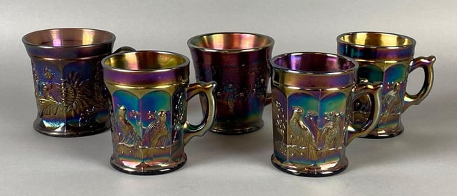 Group of 5 Northwood amethyst carnival glass mugs