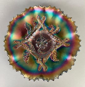 Dugan Carnival Glass Apple Blossom Twigs Amethyst Ruffle Rim Bowl