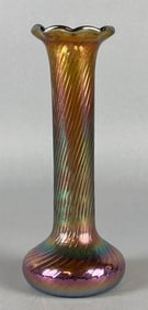 Iridescent Swirl Art Glass Bud Vase with Scalloped Rim