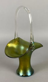 Loetz Style Iridescent Green Art Glass Basket