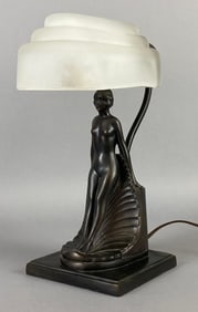 Art Deco Cast Metal Nude Woman Table Lamp with Frosted Glass Shade
