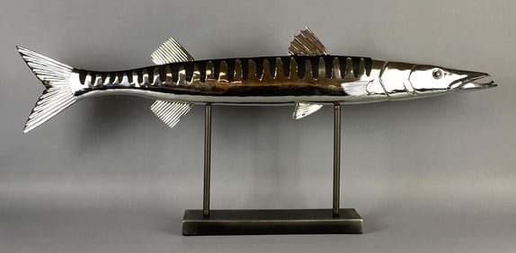 Large Barracuda Polystone Resin Statue with Silver-Tone Finish