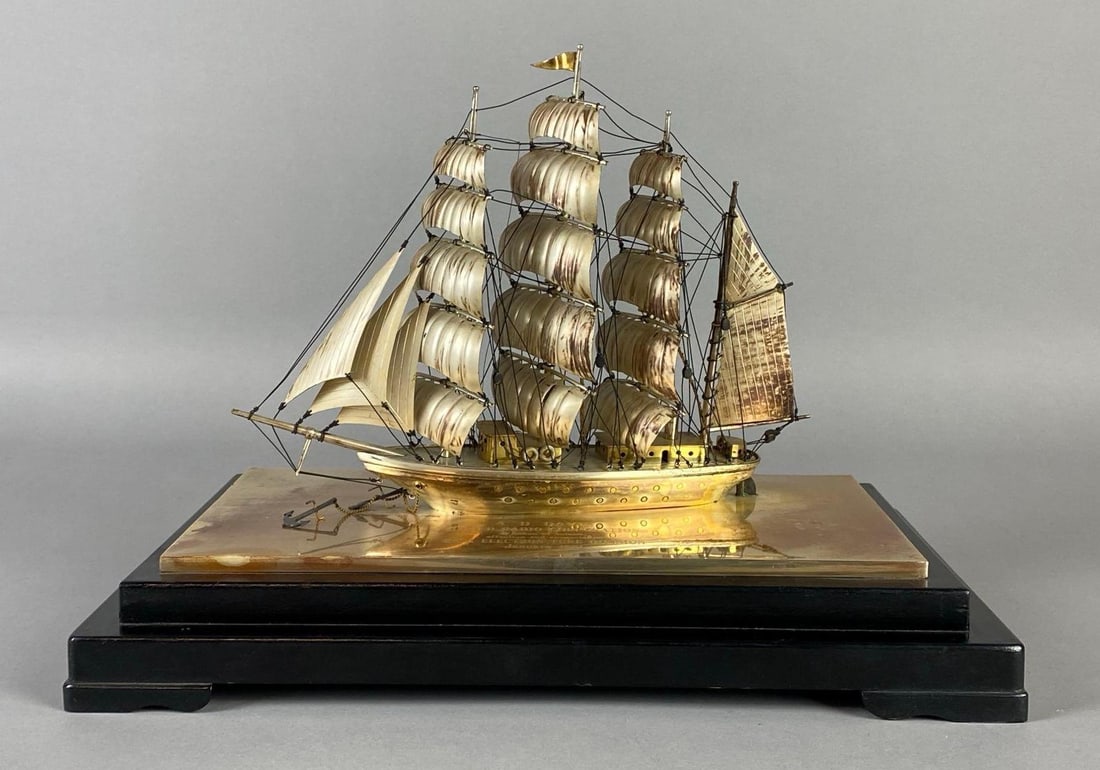 Sterling Silver Clipper Ship Allied Radio Corporation Company Appreciation Token: Engraved, Given to A.D. Davis in 1961, RCA Electron Tube Division, Mounted on wood base/stand, Measures 9 1/2 x 12 3/4 x 8 1/4 inches.