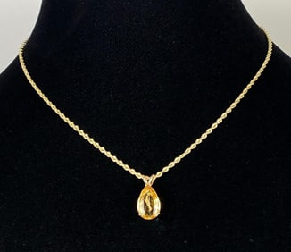 14K Gold Twisted Rope Chain Necklace with Topaz Necklace Pendant