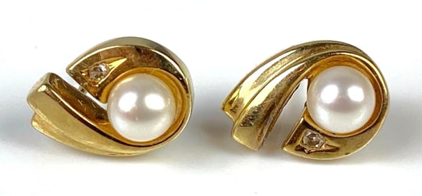 Pair of 10K Gold Pearl and Diamond Stud Earrings