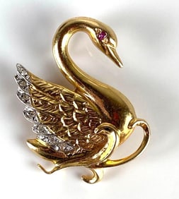 14K Gold Swan Necklace Pendant/Brooch