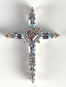 10K White Gold Aquamarine and Diamond Cross Necklace Pendant