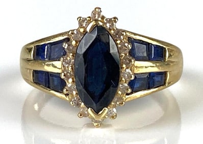 14K Gold Dark Blue Topaz and Diamond Ring