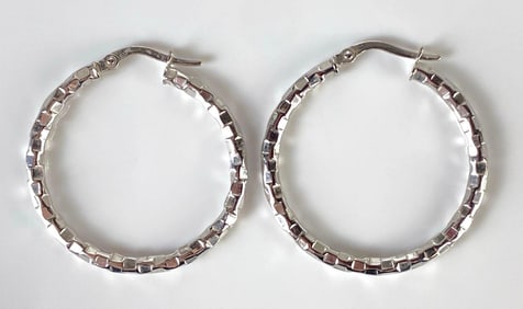 Pair of 14K White Gold Textured Hoop Earrings