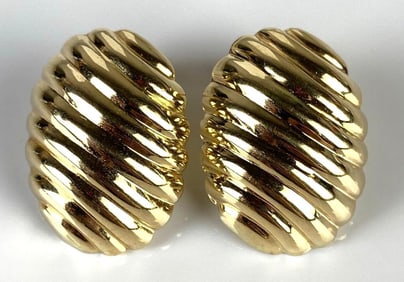 Pair of 14K Gold Turkish Scalloped Oval Hollow Earrings