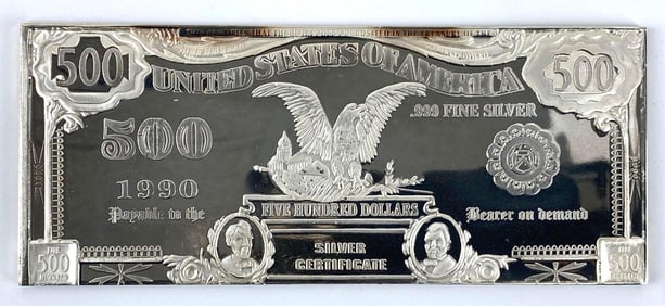 1990 USA $500 8 Troy Oz .999 Fine Silver Certificate