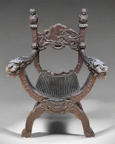 Antique Carved Chinese Export Dragon & Owl Savonarola Throne Chair