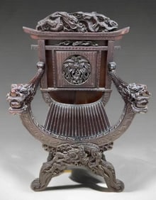 Antique Carved Chinese Dragon Savonarola Throne Chair