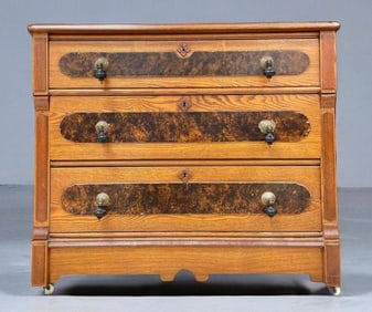 Antique Eastlake Style Oak Chest of Drawers with Faux Burl Panels