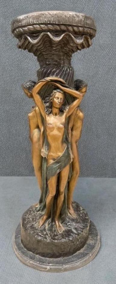 After Jean Antoine Houdon Brass Figural Statue / Pedestal: No in-house shipping available, 3rd party shipper recommended. Signed on base, features 3 nude women. Measures 32 1/2 x 13 1/2 inches