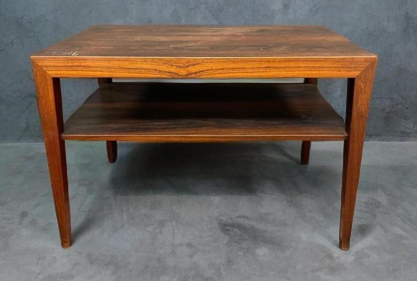 Severin Hansen for Haslev Danish Rosewood Coffee Table: 3rd party shipper recommended. Surface scratches and dings on top. Makers stickers under top. Measures 19 x 27 1/2 x 17 1/2 inches