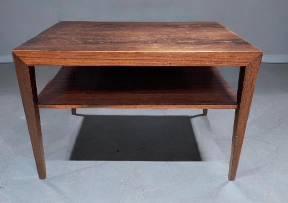 Severin Hansen Danish MCM Rosewood Coffee Table: 3rd party shipper recommended. Surface stains and wear on top. Makers stickers under top. Measures 19 x 27 1/2 x 17 1/2 inches