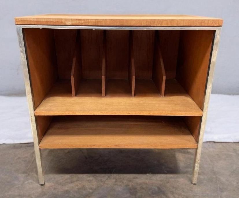 MCM Wood and Chrome Record Cabinet: No in-house shipping available, 3rd party shipper recommended. Refinishing had been started, some water stains. Measures 29 1/4 x 28 1/2 x 18 inches