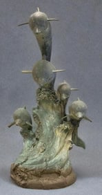 Large Patinaed 5 Dolphin Brass Water Fountain