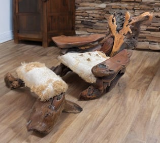 Antique Folk Art Driftwood Chair with Ottoman