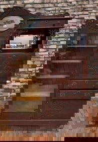 Antique Oak Ornate Side by Side Secretary and Bookcase