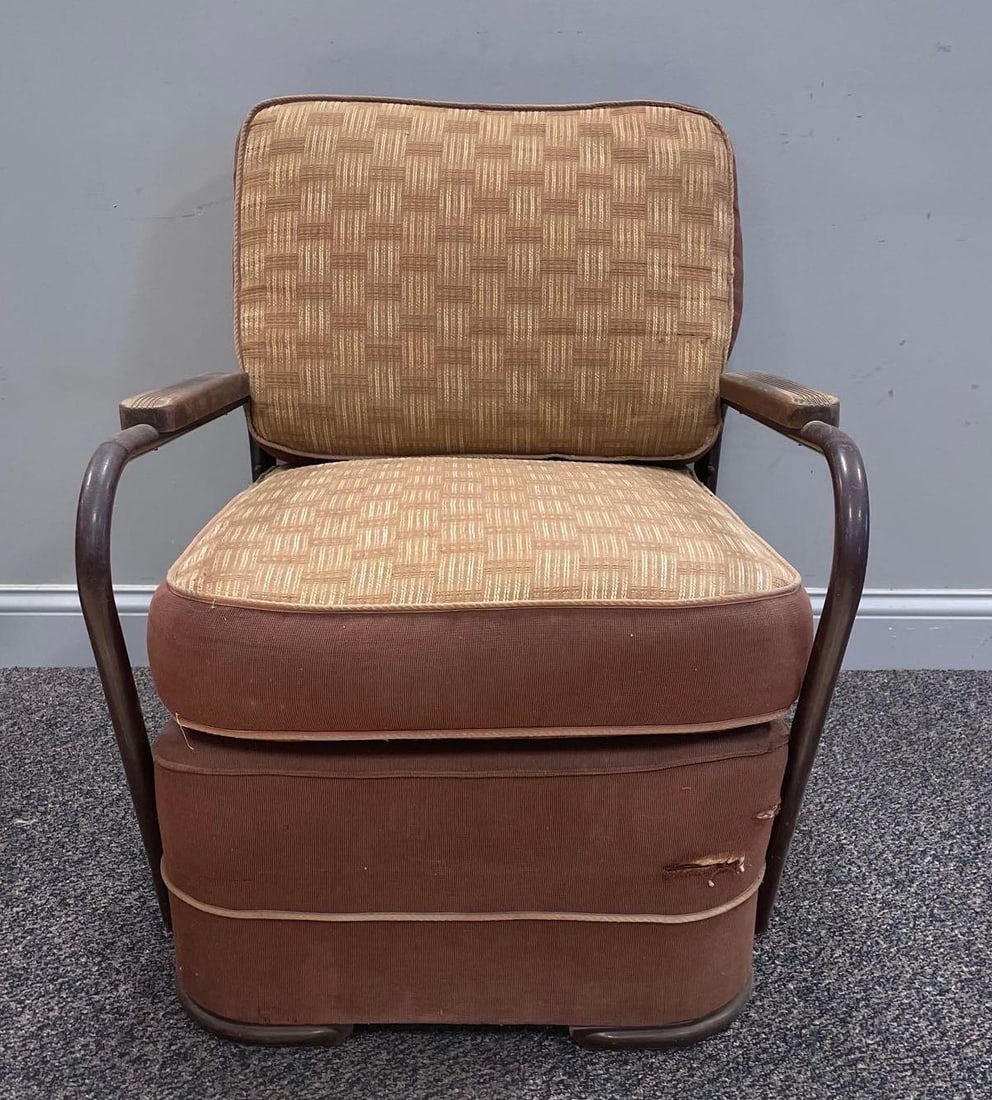 Vintage Art Deco Metal Lounge Chair with Cushions: No in-house shipping available, 3rd party shipper recommended. Tears at front corner, original cushions, wood armrests. Measures 31 x 25 1/4 x 32 inches
