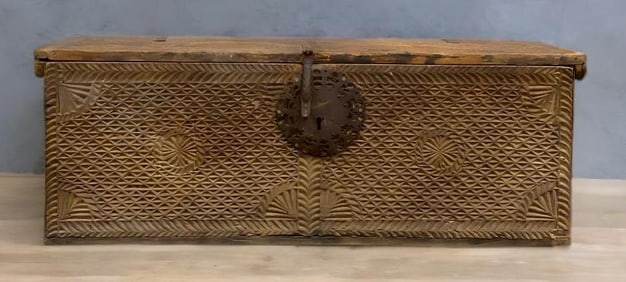 Antique Colonial Wrought Iron and Chip Wood Travel Chest