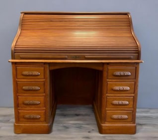 American Antique Oak Scroll Roll-Top Desk