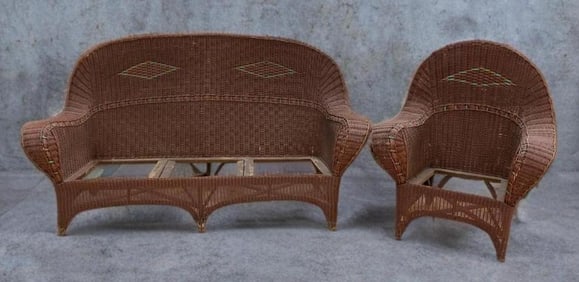 Antique Set of Painted Wicker Couch and Chair